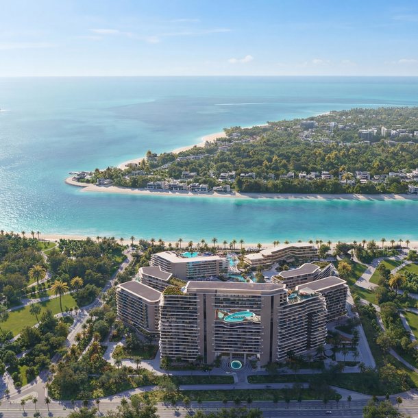 Aerial view of Dubai Islands with The Meriva Collection on its beach and the sea around the island